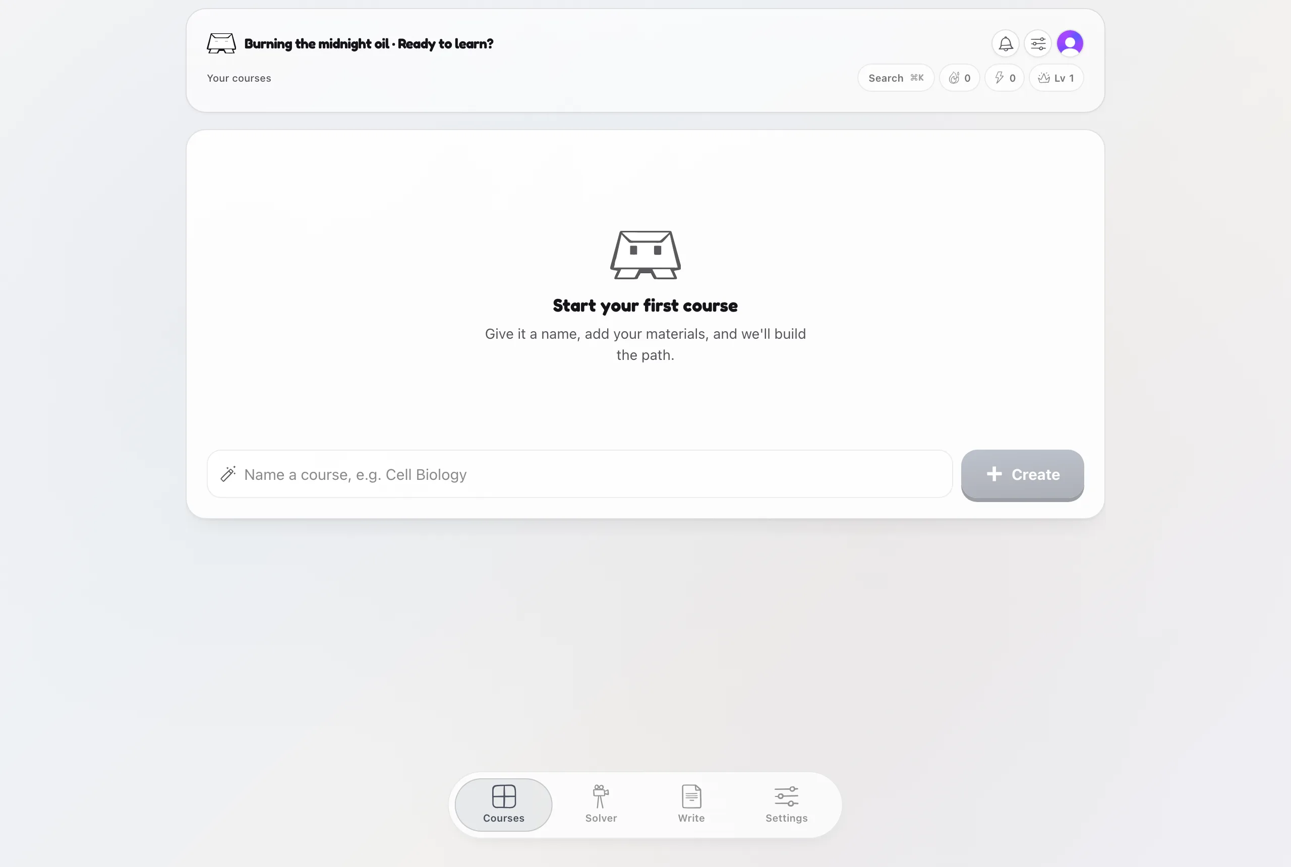 The lrnos dashboard showing progress, streak, and cards due
